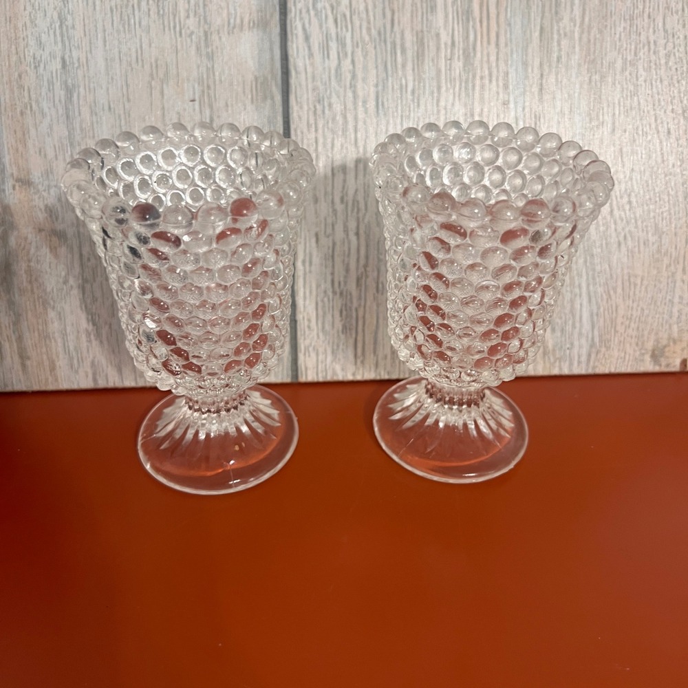 Vintage Clear Hobnail Glass Votive Candle Holders Pedestal Toothpick Set of 2